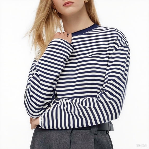 Stamzod Trendy Fall Fashion Women Shirts Casual Loose Striped Cropped Tops Crewneck Long Sleeve T Shirts for Women Navy E XL