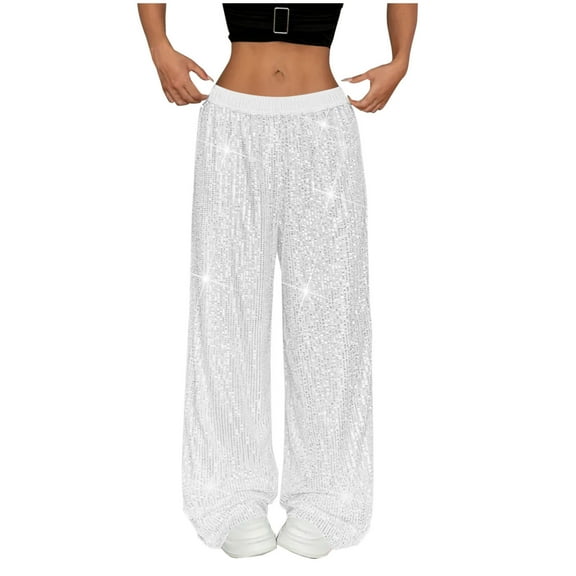 Stamzod Trendy Fashion Sequin Wide Leg Pants Woman Sparkly Party Baggy Sweatpants Casual Straight Flowy Pants for Women White S
