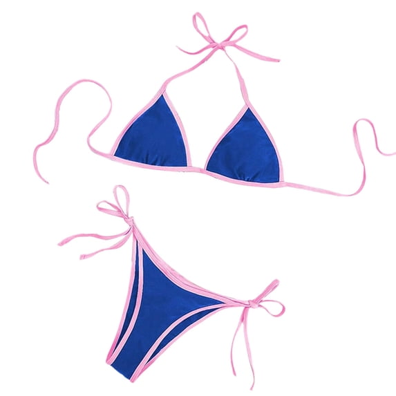 Stamzod Triangle Bikini Sets for Women Two Piece Drawstring Bathing Suits High Cut Cheeky Swimsuit Summer Beach Swimwear Blue-1 L