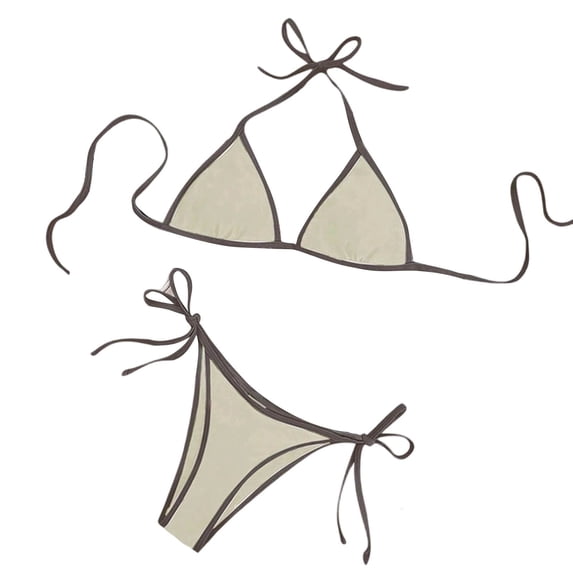 Stamzod Triangle Bikini Sets for Women Two Piece Drawstring Bathing Suits High Cut Cheeky Swimsuit Summer Beach Swimwear Khaki-1 L