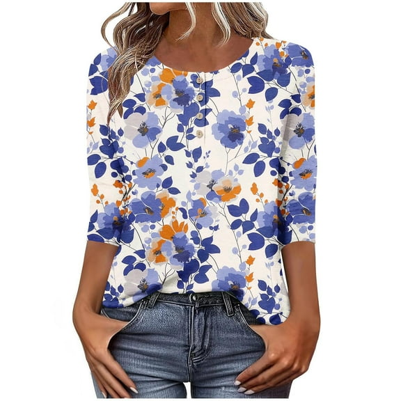 Stamzod Tshirts Shirts for Women Spring & Fall Floral Printed Crewneck Ladies Blouses Daily Casual Loose Tops for Women Trendy Blue XXL