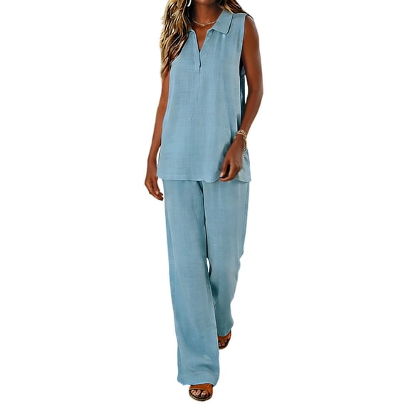 Stamzod Two Piece Sets for Women Suummer Travel Vacation Outfits 2026 Sleeveless Lounge Sets Wide Leg Pants Matching Set Light Blue M