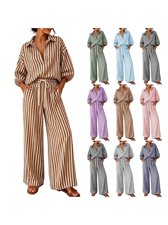 Two Piece Sets for Women V-Neck Striped Shirt Wide Leg Pants Lounge Set 3/4 Sleeve Airport Travel Outfits
