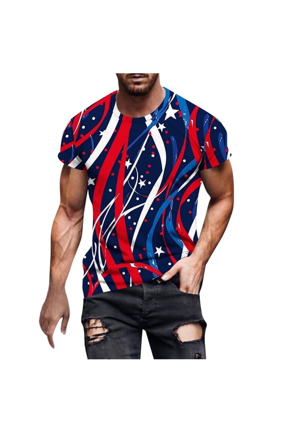 American Flag Shirts Men Fourth July Cc T-Shirt Casual Plus Size Round Neck Shorts Sleeves Pullover Tops Funny Usa Star Stripes Shirts Red White Blue Graphic Tees Dark Blue L