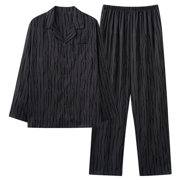 Stamzod Unisex Pajama Set Fashion Strip Printed Long Sleeve Button Down Shirt and Pajama Pants Casual Men's Pajama Sets Black XL