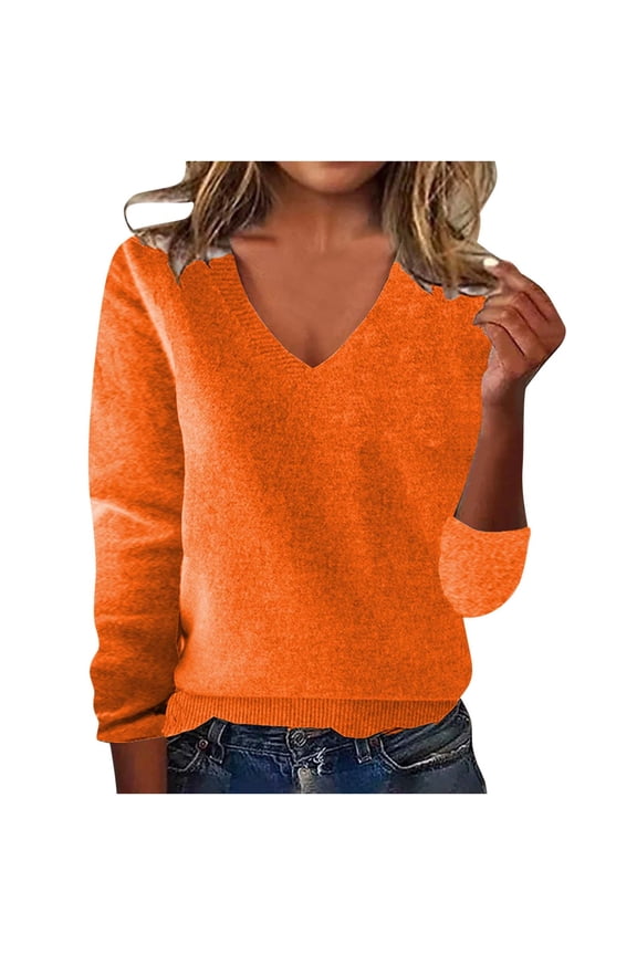 V Neck Sweaters for Women Solid Color Pullover Long Sleeve Sweater Plus Size Womens Clothing Fall Fashion Must Haves Orange XXL