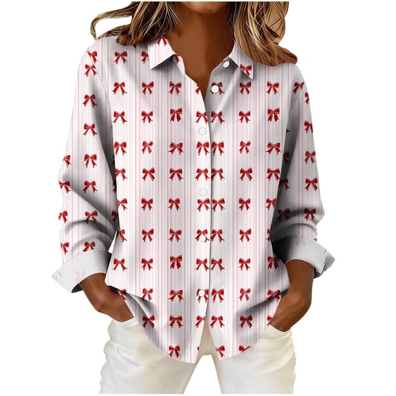 Stamzod Valentine Collared Shirts for Women Cute Bow Print Casual Button Up Shirt Women Plus Size Long Sleeve Tops Red T L