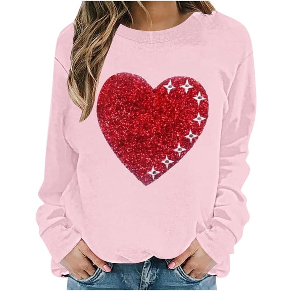 Stamzod Valentine Cute Sweatshirts for Women Lover Heart Print Long Sleeve Top Loose Casual Oversized Crewneck Sweatshirt Women Valentine's Clothing Pink B S