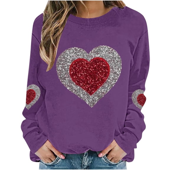 Stamzod Valentine Sweatshirts for Women Trendy 2025 Heart Printed Long Sleeve Sweat Shirt Cute Crewneck Sweatshirt Women Valentines Tops Purple C S