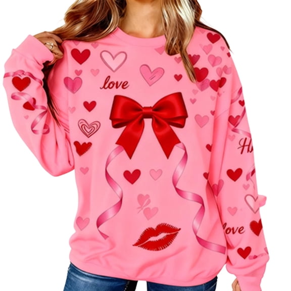 Stamzod Valentine's Day Couple Crewneck Sweatshirt Lover Heart Long-Sleeve Tops Casual Loose Pullover Sweatshirts for Women and Men Pink XS
