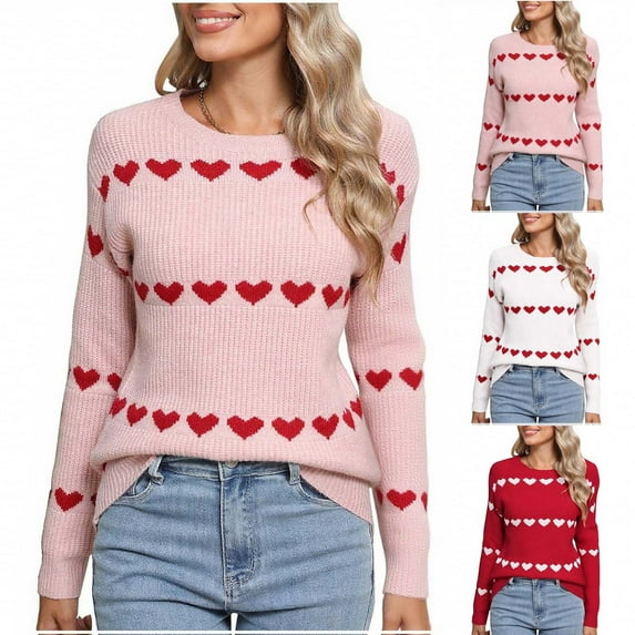 Stamzod Valentine's Day Pullover Sweaters for Women Fashion Heart Printed Crewneck Long Sleeve Knit Sweater Fall Outfits for Women 2025 White J M