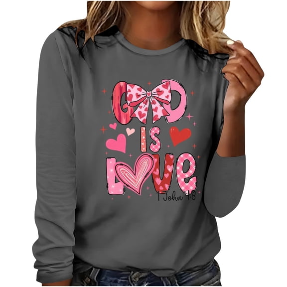 Stamzod Valentine's Tops for Women Trendy 2026 Lover Heart Crewneck Long Sleeve Shirts Loose Casual Womens Oversized Tee Shirts Gray B L