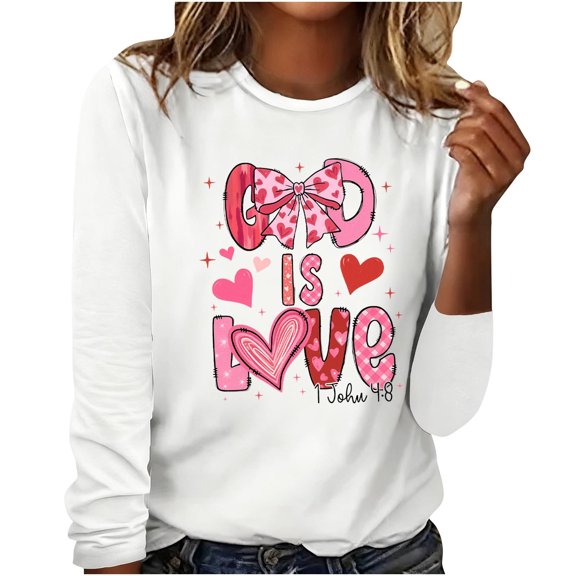 Stamzod Valentine's Tops for Women Trendy 2026 Lover Heart Crewneck Long Sleeve Shirts Loose Casual Womens Oversized Tee Shirts White C L