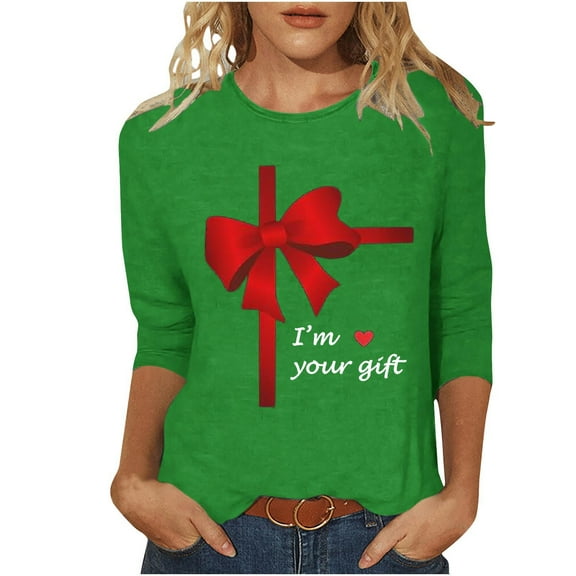 Stamzod Valentines 3/4 Length Sleeve Womens Tops Bow Print Crewneck Pullover Blouses Trendy Fashion Casual Womens Shirts for Valentine's Day Green XXXXXL