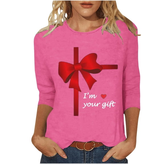 Stamzod Valentines 3/4 Length Sleeve Womens Tops Bow Print Crewneck Pullover Blouses Trendy Fashion Casual Womens Shirts for Valentine's Day Hot Pink XXL