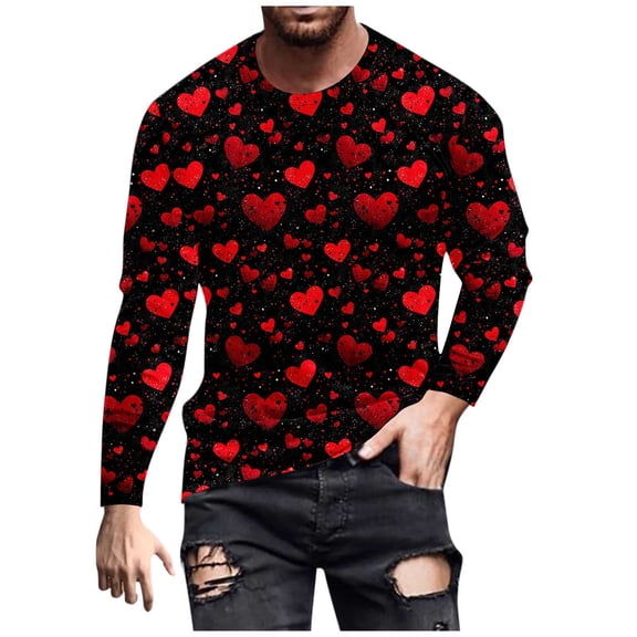 Stamzod Valentines Black Long Sleeve Shirt Men Fashion Lover Heart Printed Round Neck Pullover Tops Casual Oversized Tshirts for Men Red Q XL