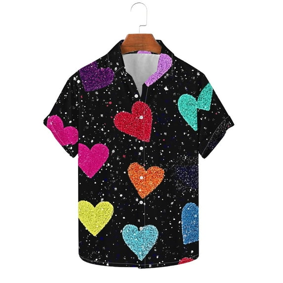 Stamzod Valentines Button Up Short Sleeve Shirts For Men 2026 Summer Lover Heart Printed Hawaiian Shirt Casual Vacation Beach Clothes For Men Multicolor L