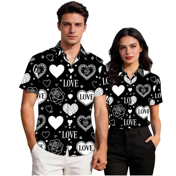 Stamzod Valentines Couple Shirts Men Women Summer Short Sleeve Button Up Shirt Men Lover Heart Casual Shirts Black XL