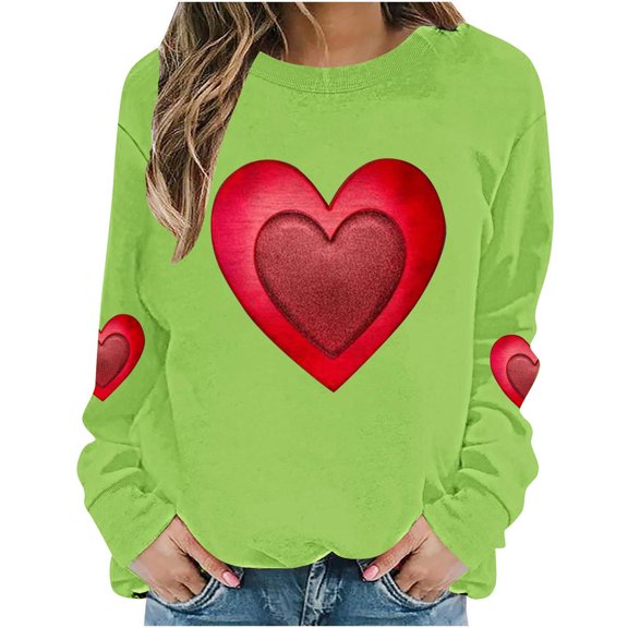 Stamzod Valentines Pullover Sweatshirts for Women Cute Lover Heart Crewneck Sweatshirt Women Casual Long Sleeve Tops for Valentine's Day Green D L