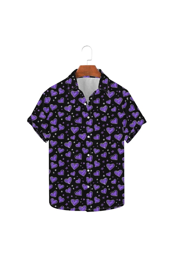 Valentines Short Sleeve Button Down Men Shirts 2026 Lover Heart Summer Tops Plus Size Hawaiian Shirt For Men Purple XXL