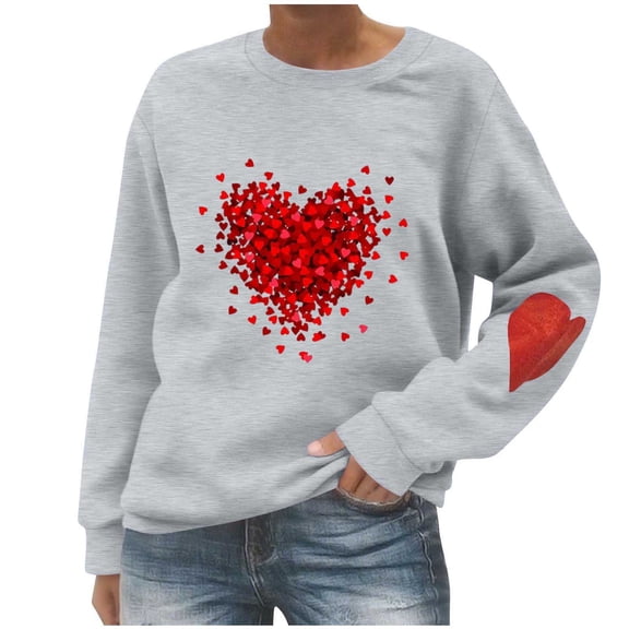 Stamzod Valentines Sweatshirt Women Lover Heart Long Sleeve Crewneck Sweatshirts Women Fall Fashion Casual Pullover Tops Gray B L