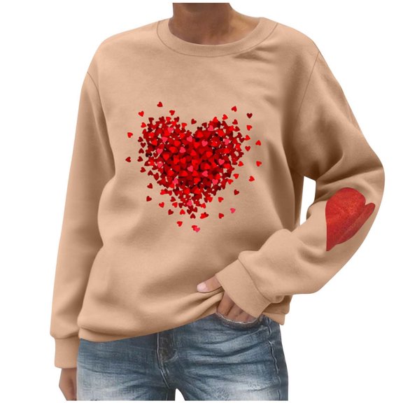 Stamzod Valentines Sweatshirt Women Lover Heart Long Sleeve Crewneck Sweatshirts Women Fall Fashion Casual Pullover Tops Khaki B L