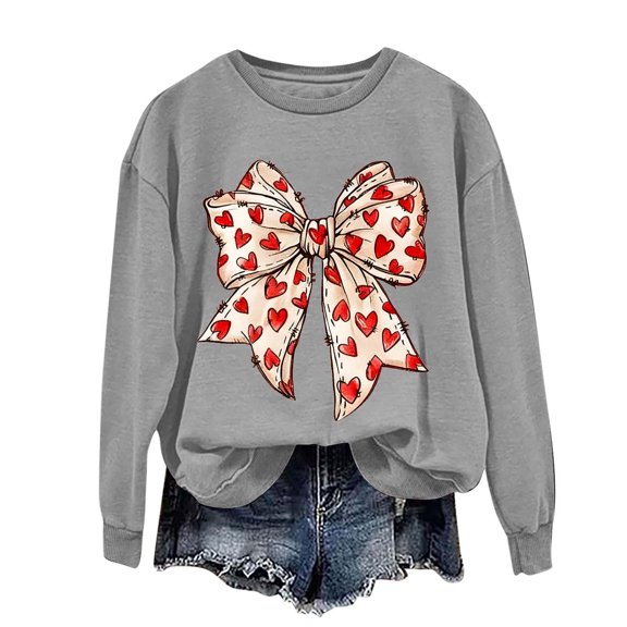 Stamzod Valentines Sweatshirt for Women Bow Heart Print Crewneck Sweatshirts Women Cute Long Sleeve Pullover Tops Gray L