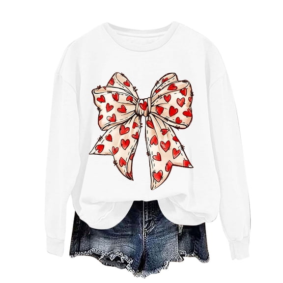 Stamzod Valentines Sweatshirt for Women Bow Heart Print Crewneck Sweatshirts Women Cute Long Sleeve Pullover Tops White L