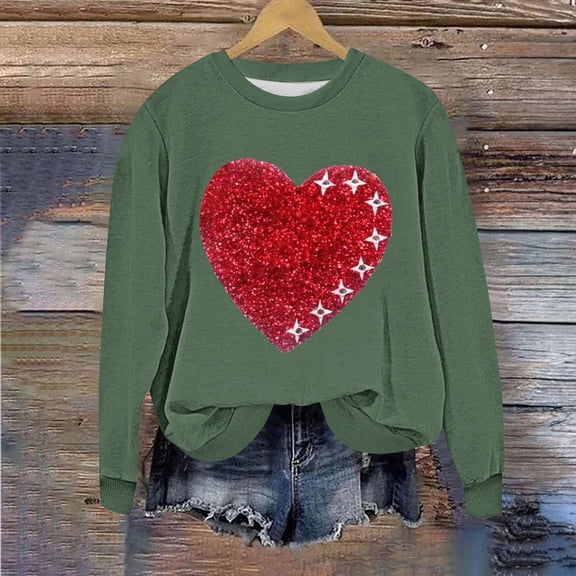 Stamzod Valentines Tops for Women 2025 Long Sleeve Lover Heart Crewneck Sweatshirt Loose Casual Plus Size Sweatshirts for Women Army Green C XXXL
