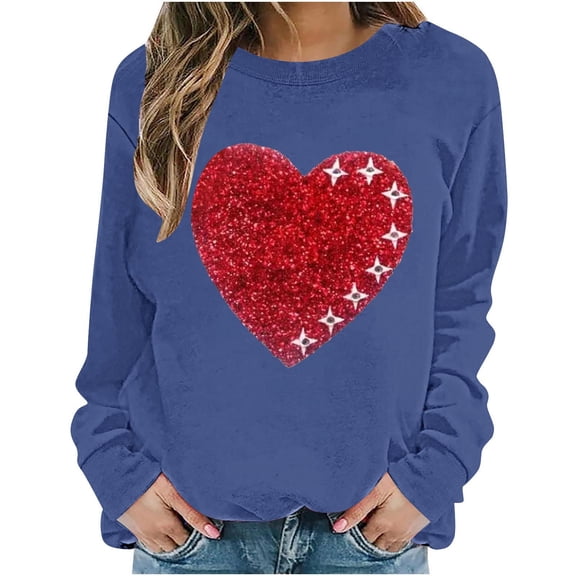 Stamzod Valentines Tops for Women 2025 Long Sleeve Lover Heart Crewneck Sweatshirt Loose Casual Plus Size Sweatshirts for Women Blue C XXXXXL