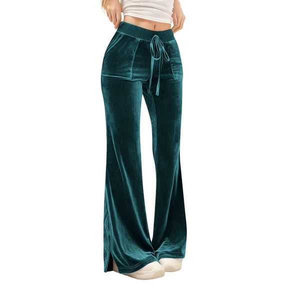 Stamzod Velvet Palazzo Pants for Women Casual Drawstring Straight Yoga Pants Fall Winter Plus Size Fashion Wide Leg Trousers with Pocket Navy D M