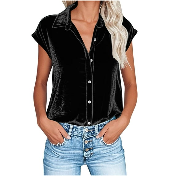 Stamzod Velvet Shirts for Women Fashion Solid Color Cap Sleeve Button Down Shirt Summer Blouses for Women Dressy Casual Black M