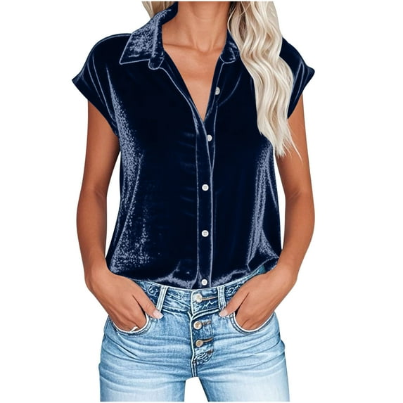 Stamzod Velvet Shirts for Women Fashion Solid Color Cap Sleeve Button Down Shirt Summer Blouses for Women Dressy Casual Navy XL
