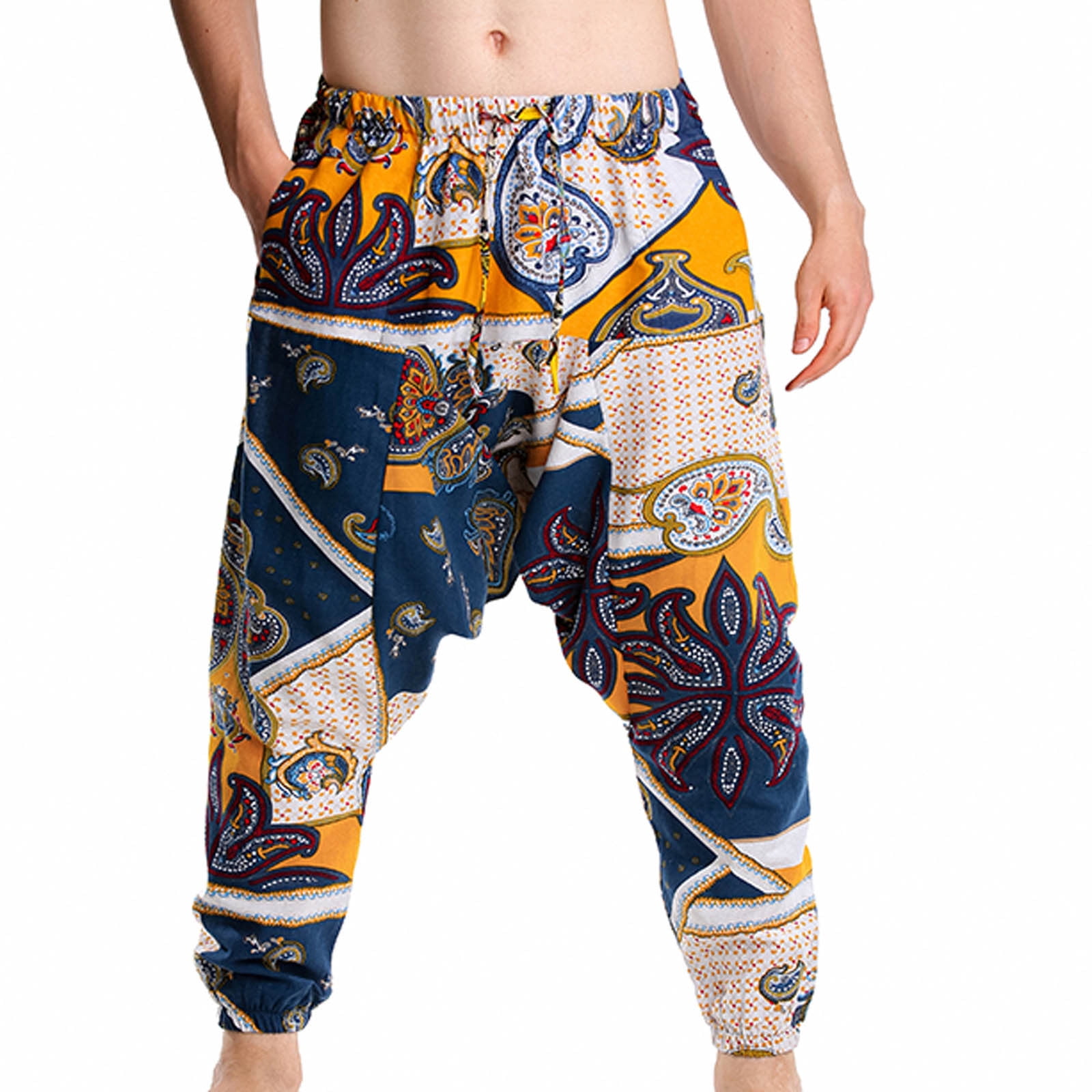 Stamzod Vintage Print Harem Pants Men Cotton Baggy Hippie Boho Gypsy Aladdin  Yoga Harem Pants Trousers Loose Casual Beach Pants With Pockets 