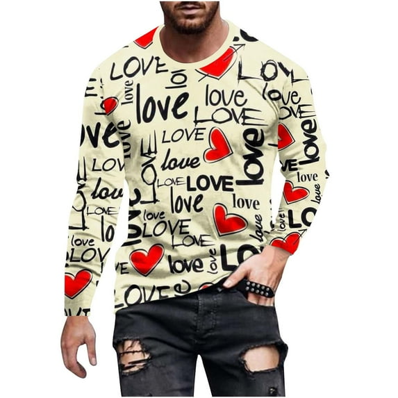 Stamzod Vintage Streetwear Shirts Men Long Sleeve Clearance Men Clothes Plus Size Shirts For Men Round Neck Pullover Love Letter And Heart Printed Basic Tee&Nbsp;Tops