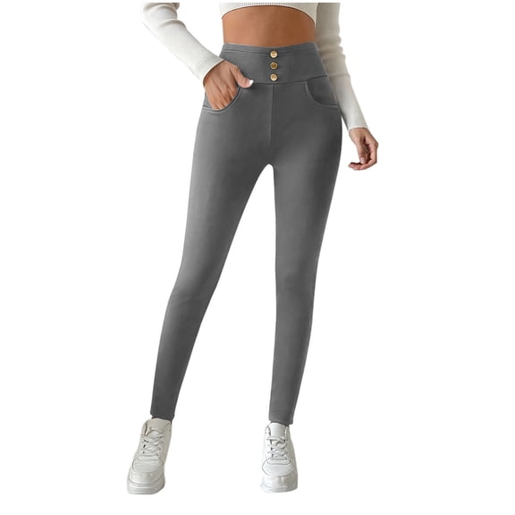 Stamzod Warm Leggings for Women High Waisted Fleece Lined Tights Casual Slim Fit Yoga Pants with Pockets for Women Dark Gray M