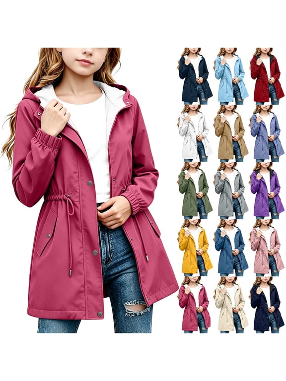 Waterproof Rain Jacket Girls Fashion Lightweight Outdoor Raincoat with Pockets Clothes for Girls 10-12