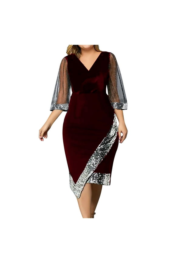 Wedding Guest Dress with Sequins Fashion Solid Color Summer V-Neck Half Sleeve Irregular Party Dress Elegant Plus Size Dresses for Curvy Women Wine XXXXXL