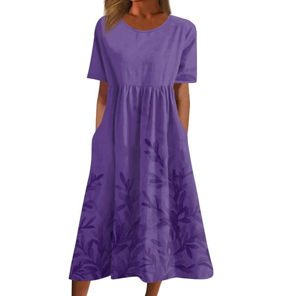 Stamzod Wedding Guest Dresses for Women Summer Solid Color Crew Neck Beach Dresses with Pocket Short Sleeve Casual Loose Fit Vacation Dresses for Women 2025 Purple B XXL