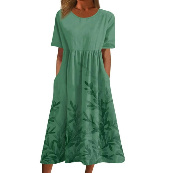 Stamzod Wedding Guest Dresses for Women Summer Solid Color Crew Neck Beach Dresses with Pocket Short Sleeve Casual Loose Fit Vacation Dresses for Women 2025 Green B XL