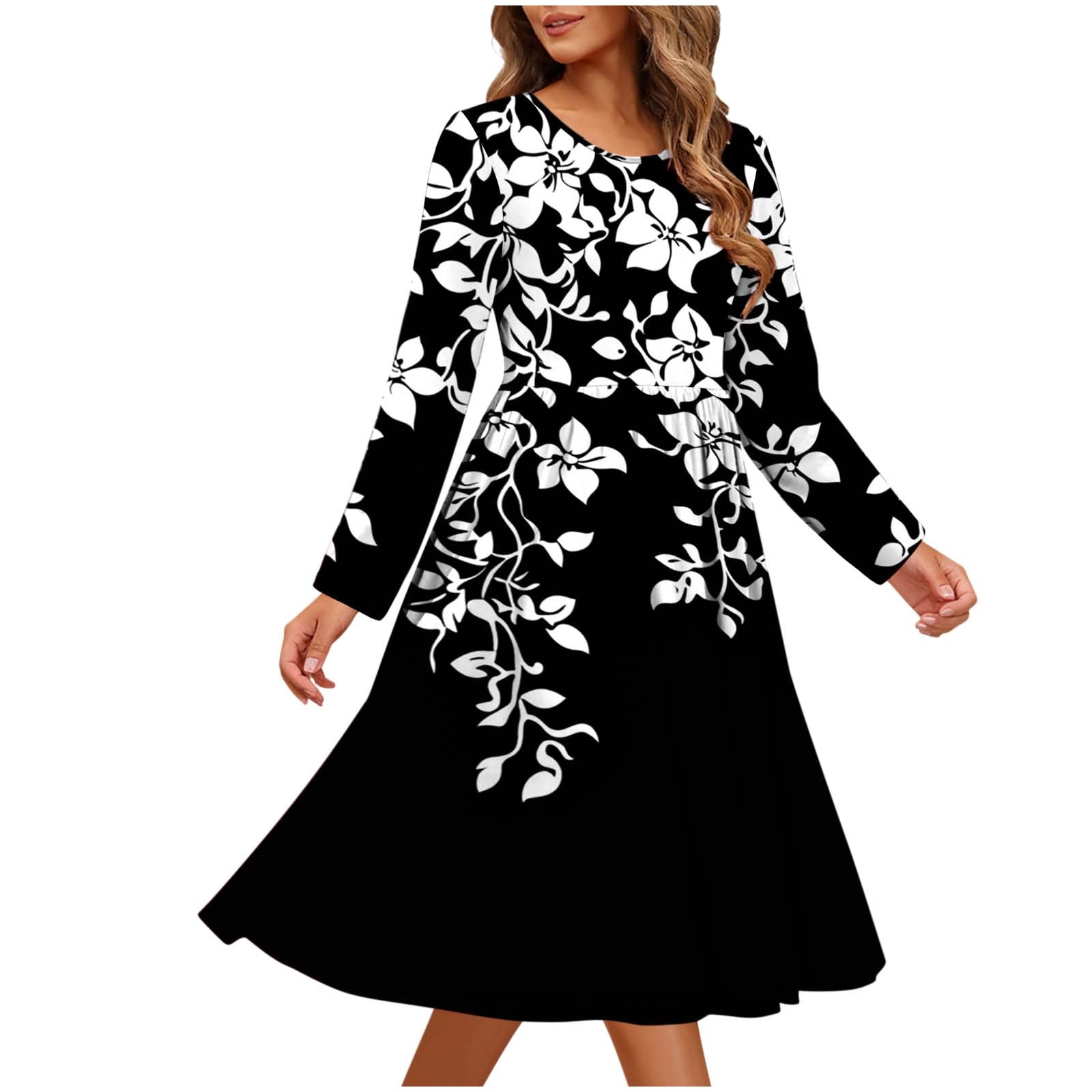 Stamzod Wedding Guest Dresses for Women 2026 Trendy Fashion Floral Print Long Sleeve Midi Dress Summer Flowy Fit and Flare Dress for Women Black F M,