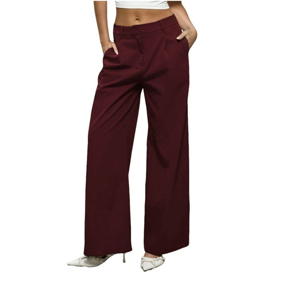 Stamzod Wide Leg Pants Woman Solid Color Straight Work Pants Women Business Casual Palazzo Pants with Pocket Wine-1 XXL