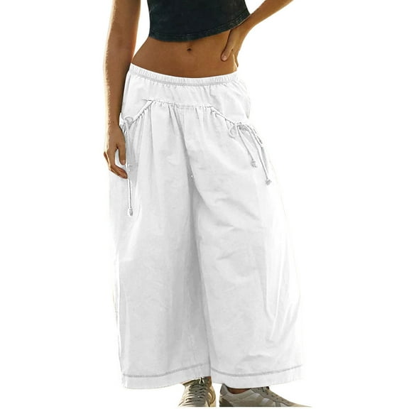 Stamzod Wide Leg Pants for Women Fashion Solid Color Casual Loose Elastic Waist Palazzo Pants Loungewear Flowy Trousers Pants for Women with Pocket White XL
