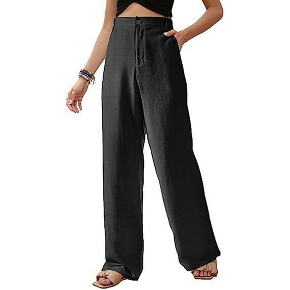 Stamzod Wide Leg Trousers Women Cotton and Linen Long Pants Summer Solid Color High Waisted Flowy Pants Casual Loose Beach Pants for Women Black XL