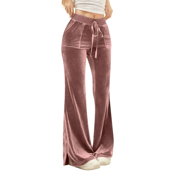 Stamzod Wide Leg Yoga Pants for Women Solid Color Casual Velvet Pants with Pocket Plus Size Straight Trousers Pants for Women Pink D XXL