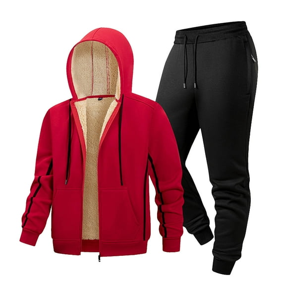 Stamzod Winter 2 Piece Set for Men Solid Color Long Sleeve Zip Up Hoodie Jacket and Joggers Set Casual Oversized Thicked Warm Fleece Track Suits Mens Activewear Red XXXL