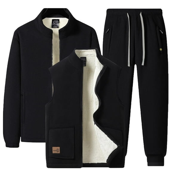 Stamzod Winter 3 Piece Fleece Lined Track Suits Mens Solid Color Thicked Warm Zip Up Jacket and Jogging Pants Men Casual Tracksuit for Workout Running Black XL