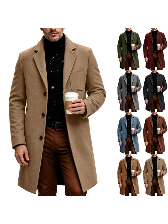 Winter Coats for Men Lapel Single Breasted Button Down Pea Coat Business Office Work Trench Coat Overcoat Gray L