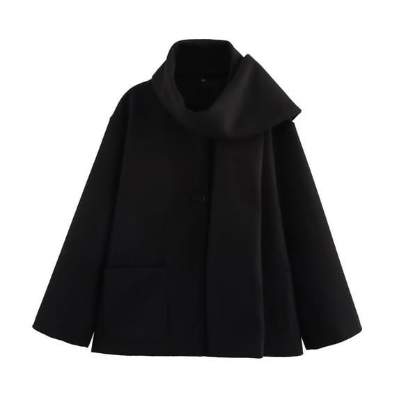 Stamzod Winter Coats for Women Solid Color Crweneck Long Sleeve Wool Trench Coat Women Casual Peacoat with Scarf Black M