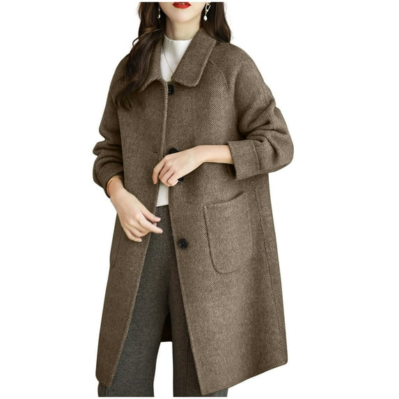 Stamzod Winter Coats for Women Solid Color Turndown Long Sleeve Single Breasted Trench Coat Women Casual Oversized Peacoat with Pocket Coffee C L